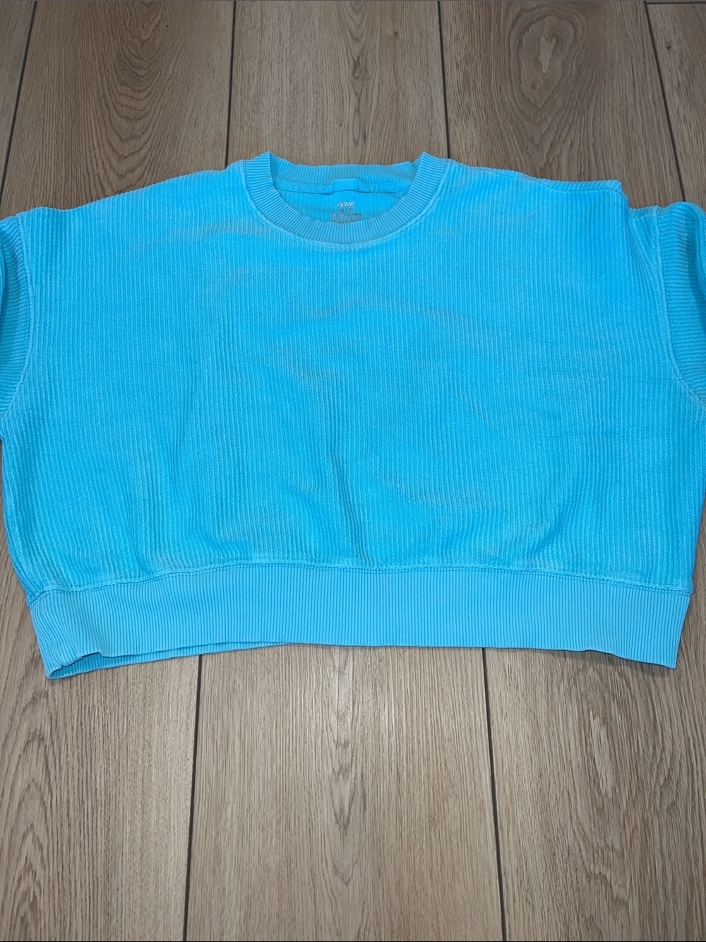 aerie Bright Turquoise Cropped Ribbed Oversized Crewneck Sweater - Picture 3 of 10